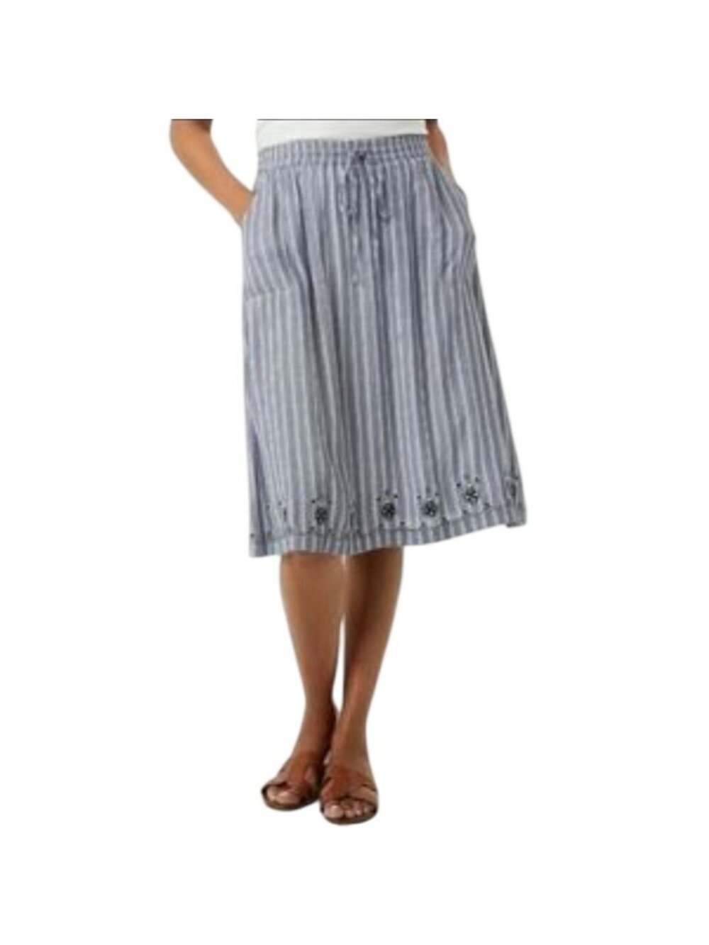 Westport Blue & White Striped Embroidered Preppy Casual Midi Skirt Womens XL